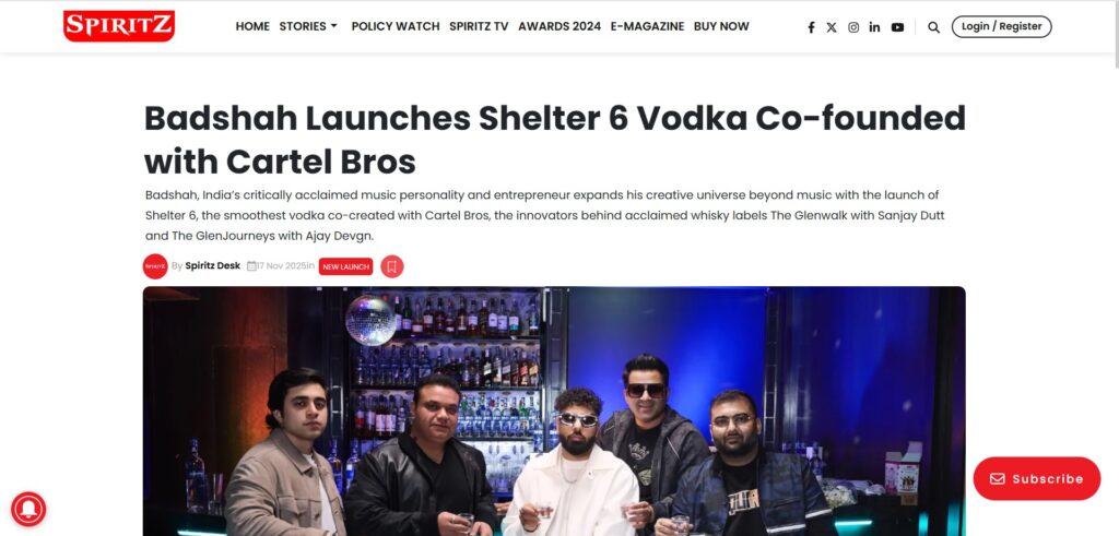 Badshah launches Shelter 6 premium vodka co-founded with Cartel Bros in India