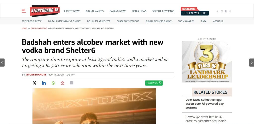 Badshah enters alcobev market with new vodka brand Shelter 6